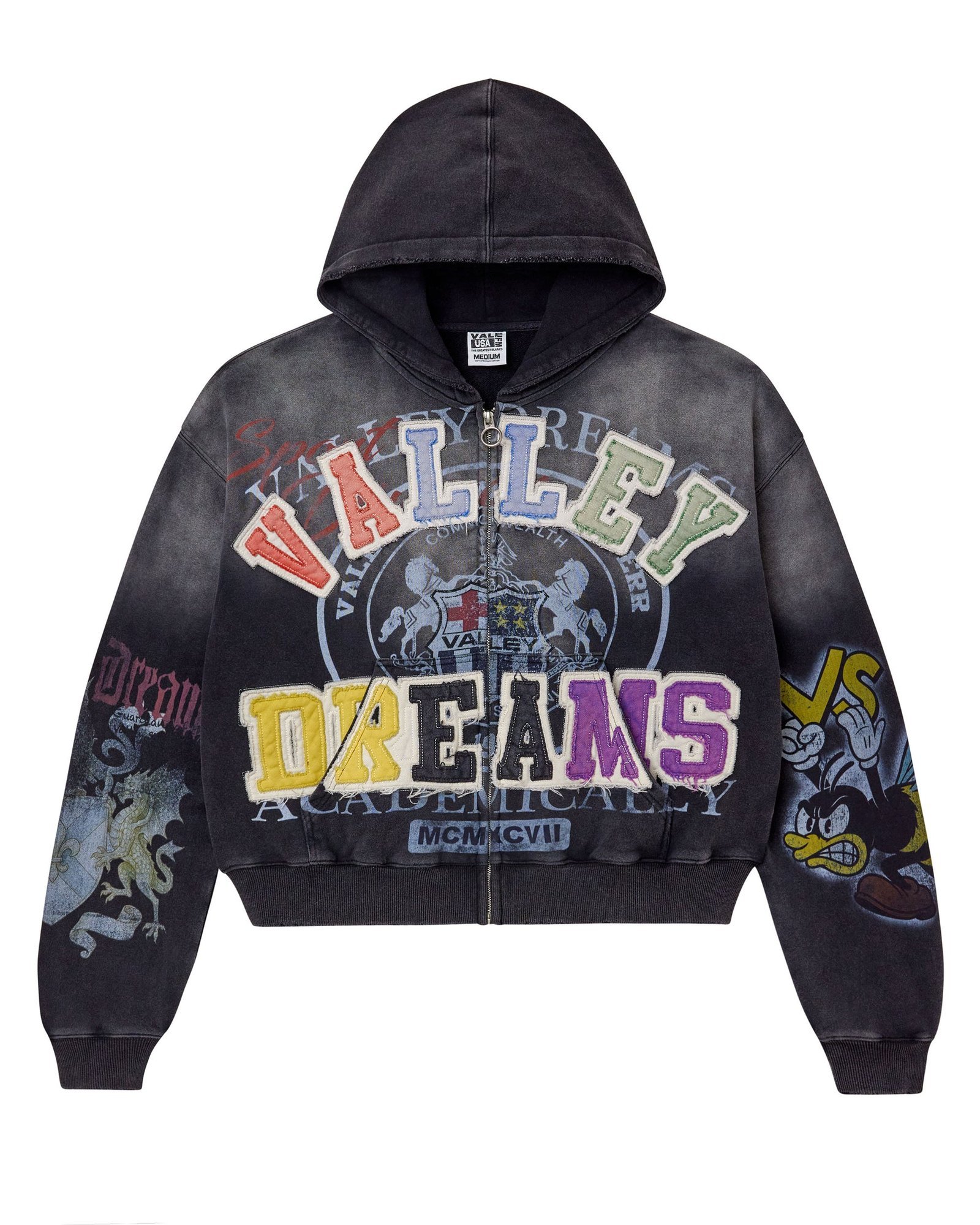 2509_VALLEY-DREAMS_BEE-DRAGON-PATCHWORK-WORDMARK_LS-ZIPUP-HOODIE_BLK_001 Vale Forever Blasted Zip Up Hoodie