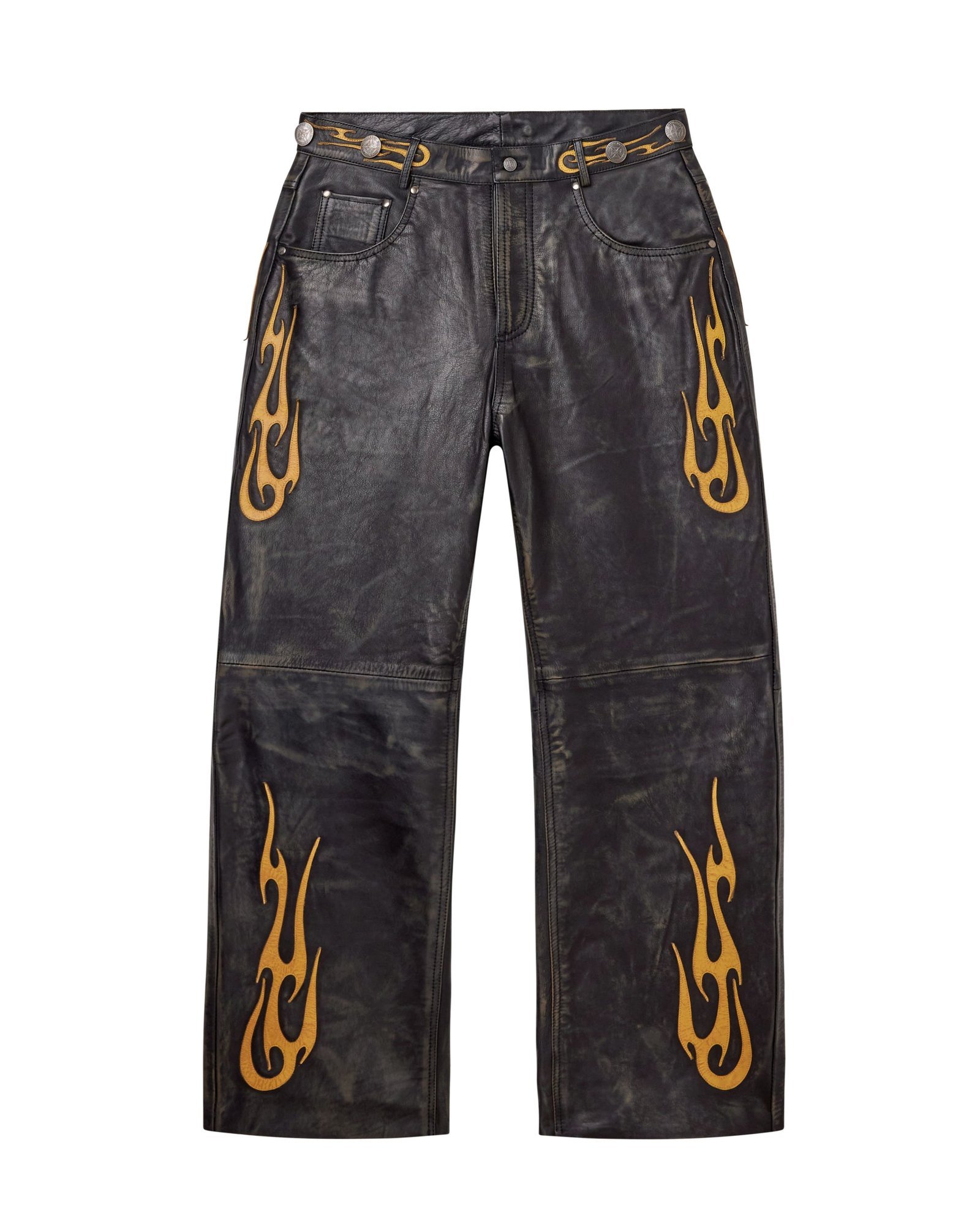 2510_VALLEY-DREAMS_EMBROIDERED-FLAMED_LEATHER_PANT_BLK-YLLW_001 Vale Forever La Flare Leather Pants
