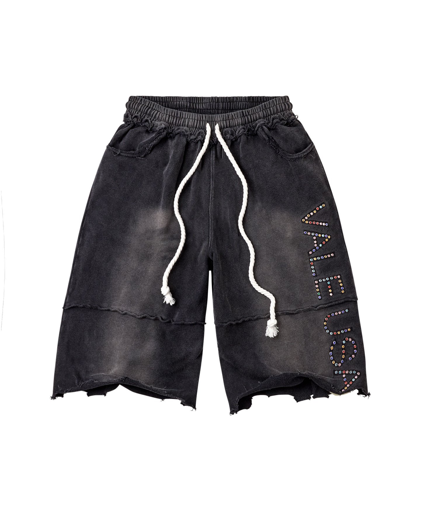 2606_VALLEY-DREAMS_RAINBOW-JEWELED_VALE-USA_TATTERED-WIDE-LEG_SWEAT-SHORTS_BLK_LD_001 Vale Forever DIY VALE USA SWEAT SHORTS